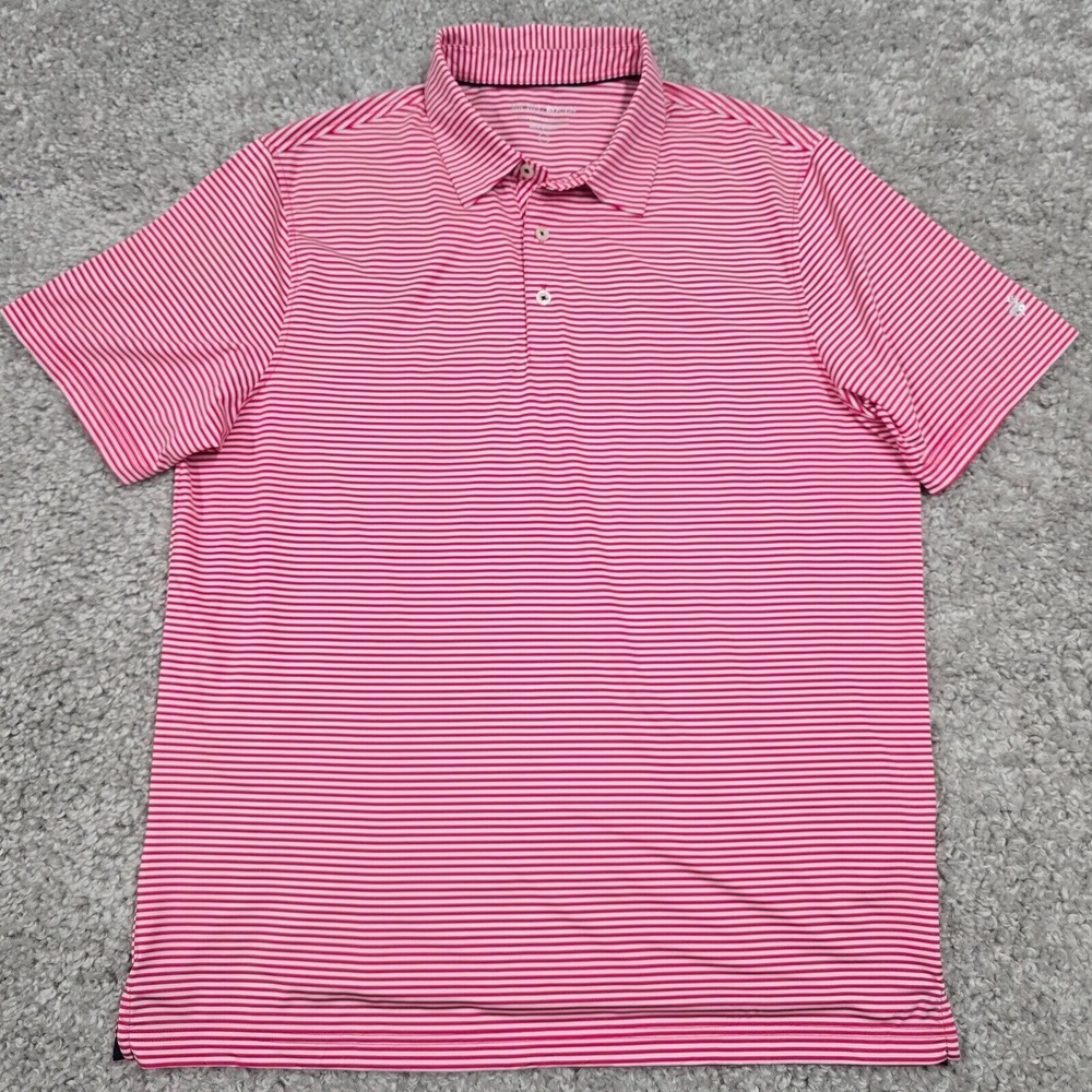 Michel Rouen Mens Performance Polo‎ Shirt Size L Pink Striped Golf Tennis